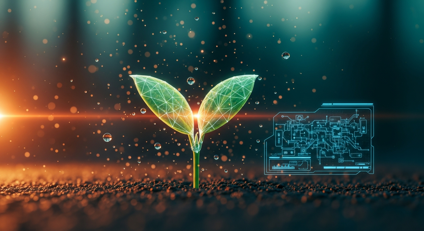 young green plant sprouting from soil with digital holographic overlay