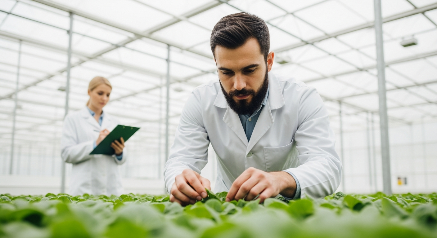 Two scientists examining plants in a greenhouse