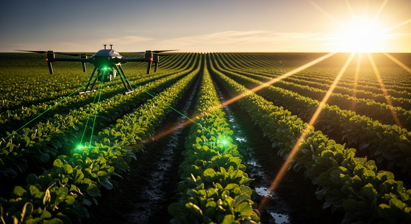 agricultural drone hovering over crop field at night