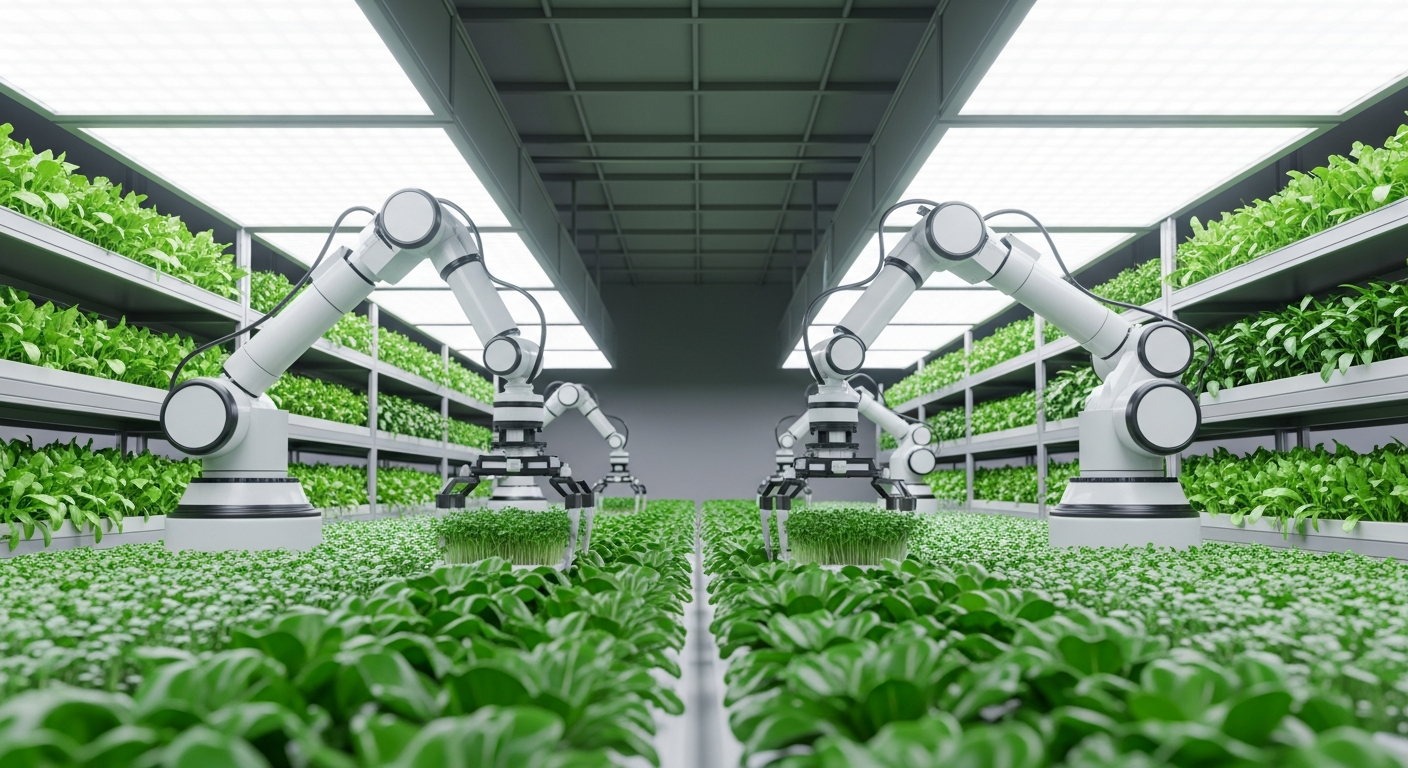 robotic arms tending plants in a vertical indoor farm